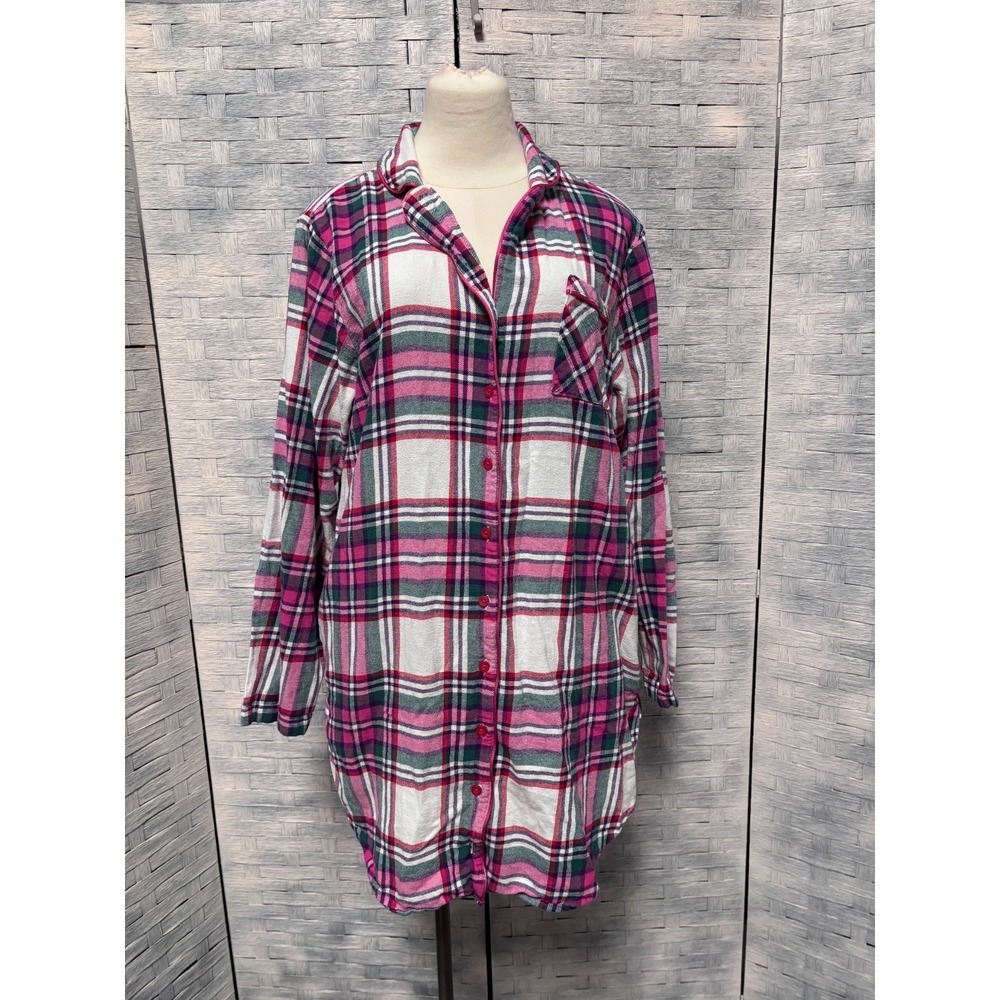 Sonoma Womens L Nightshirt Pink Plaid Flannel Cotton Button Front Sleepwear Cozy